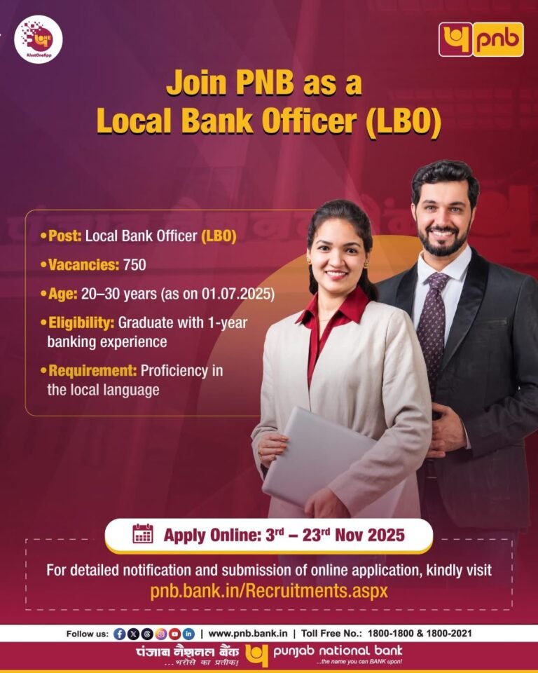 PNB LBO भर्ती 2025: पंजाब नेशनल बैंक में 750 लोकल बैंक ऑफिसर पदों पर आवेदन शुरू – योग्यता, सिलेबस, चयन प्रक्रिया और ऑनलाइन फॉर्म
